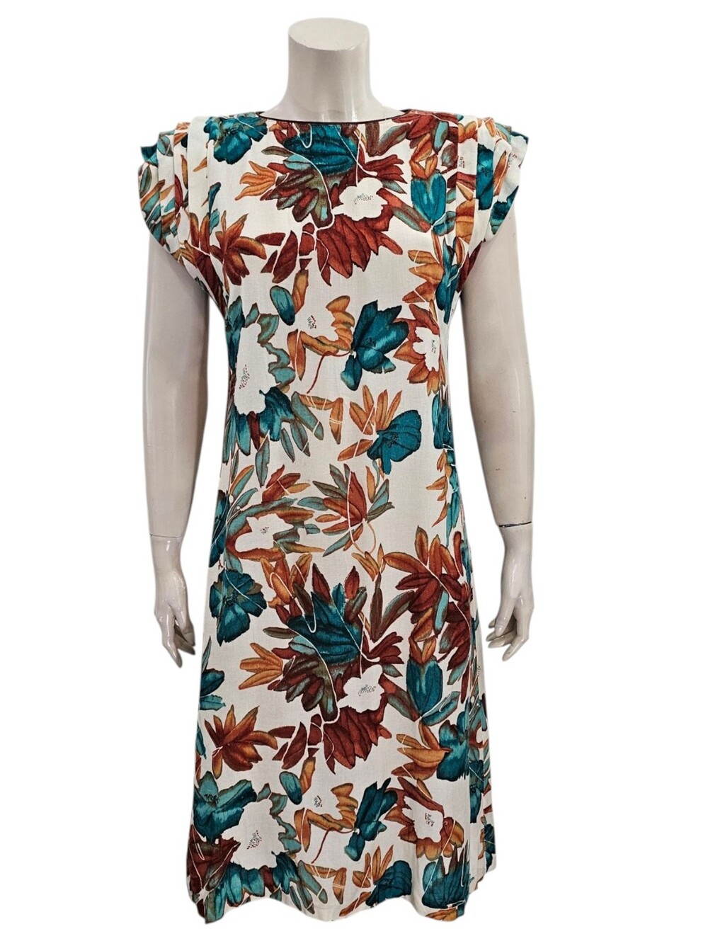 Vtg 80s JOHN RICHARD California Tropical Fronds Cream Teal Rust Shift Dress S/M